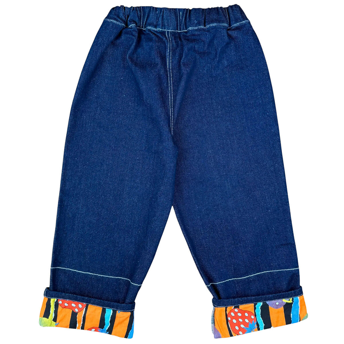 Pantalon décontracté en coton aspect denim imprimé fruits avec ourlet ajustable et coupe évolutive pour enfants de 2 à 9 ans