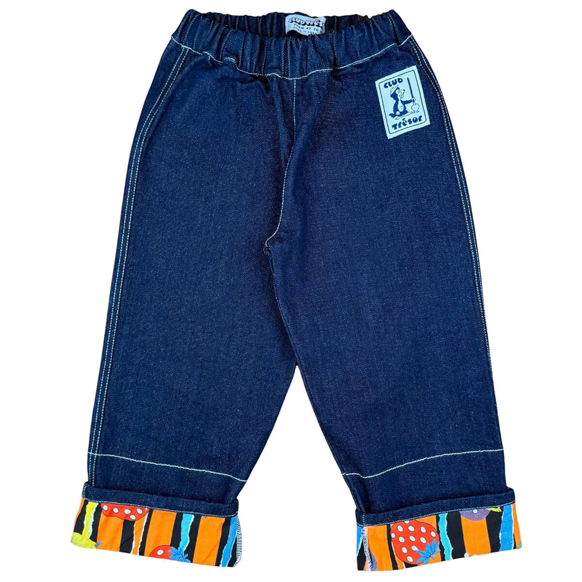 Pantalon décontracté en coton aspect denim imprimé fruits avec ourlet ajustable et coupe évolutive pour enfants de 2 à 9 ans