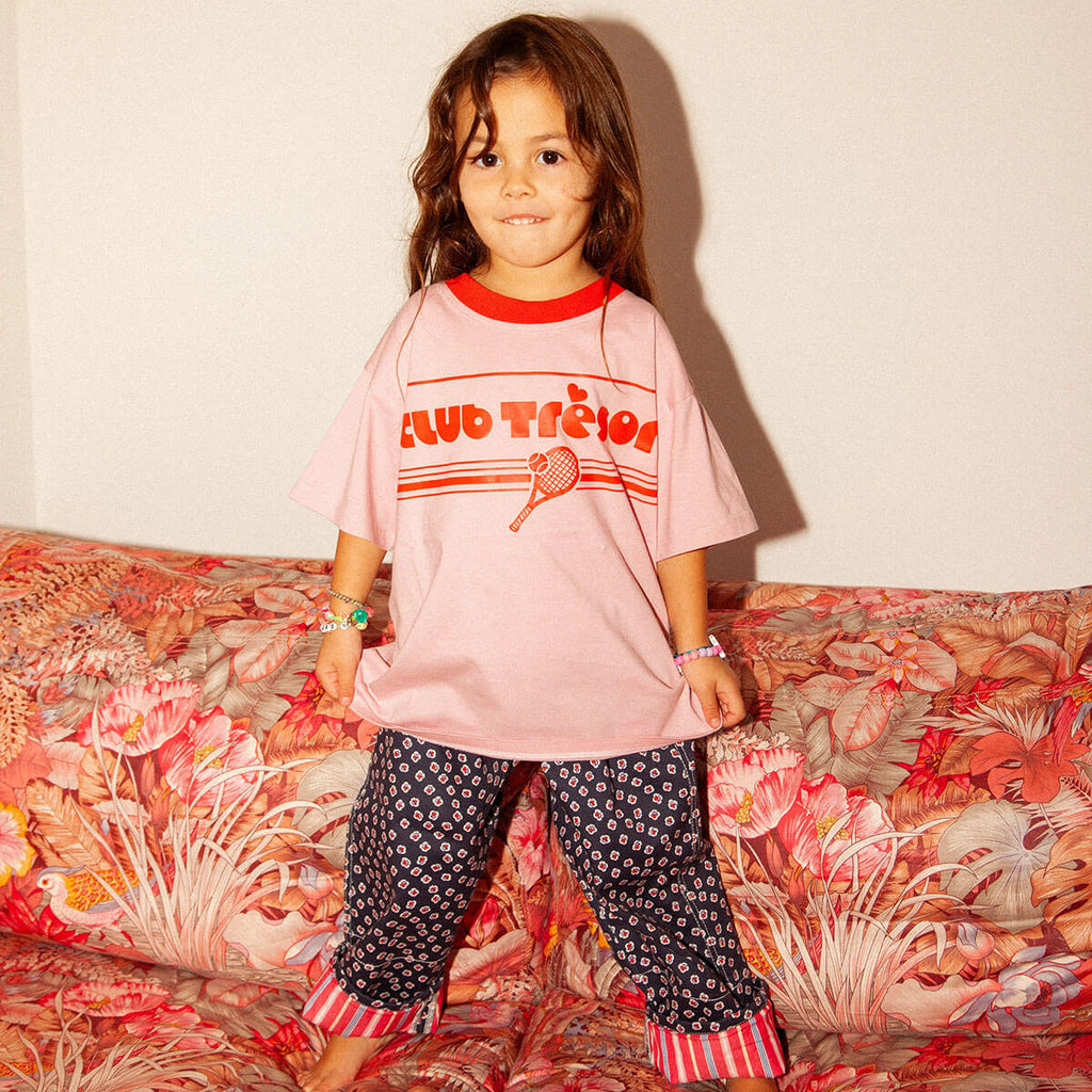 Pantalon décontracté framboise uni en coton deadstock avec ourlet ajustable et coupe évolutive pour enfants de 1 à 9 ans