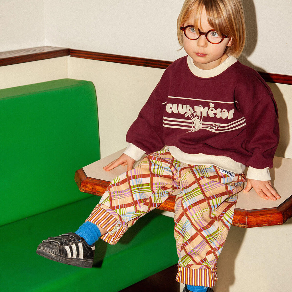 Pantalon en coton chiné coloris caramel avec ourlet ajustable et coupe évolutive pour enfants de 1 à 9 ans