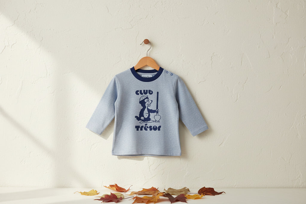 T-shirt en coton rétro gris chiné à manches longues avec mascotte castor, coupe ample et imprimé inspiré des années 80 pour enfants de 2 à 8 ans