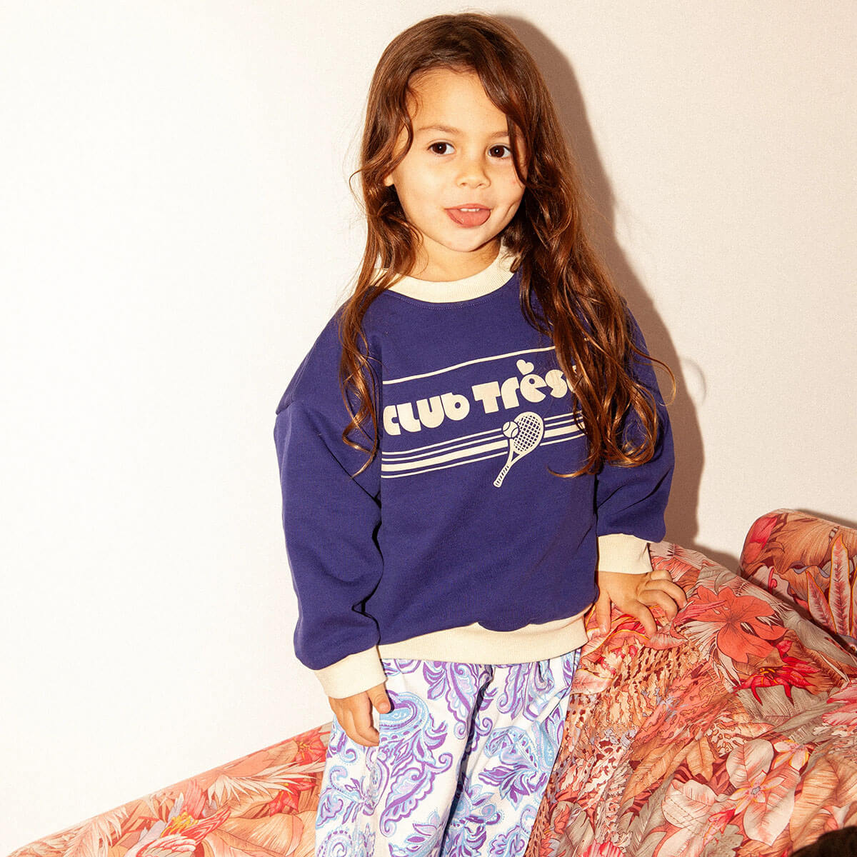 Sweat-shirt en coton vintage bleu-violet imprimé tennis (Deadstock) à coupe ample et design inspiré des années 70 pour enfants de 2 à 8 ans