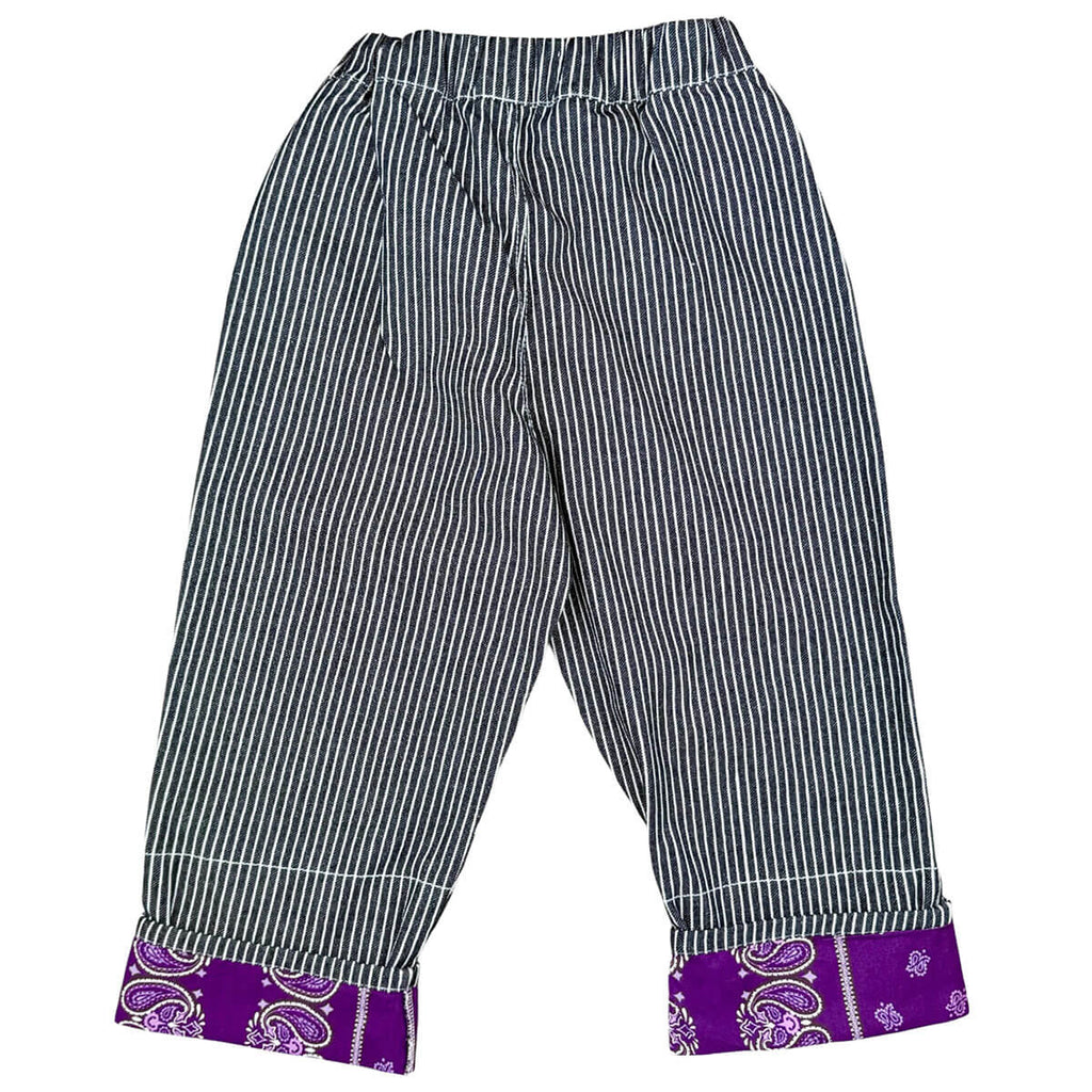 Pantalon de travail pour enfant en toile de coton recyclé, rayures noires hickory, ourlet ajustable, coupe évolutive, 1–8 ans