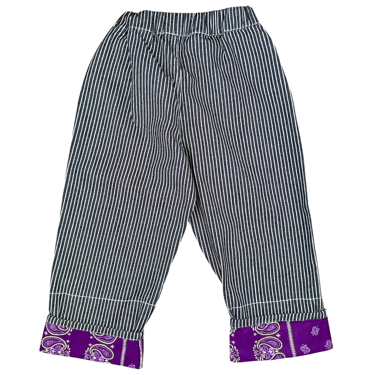 Pantalon de travail pour enfant en toile de coton recyclé, rayures noires hickory, ourlet ajustable, coupe évolutive, 1–8 ans