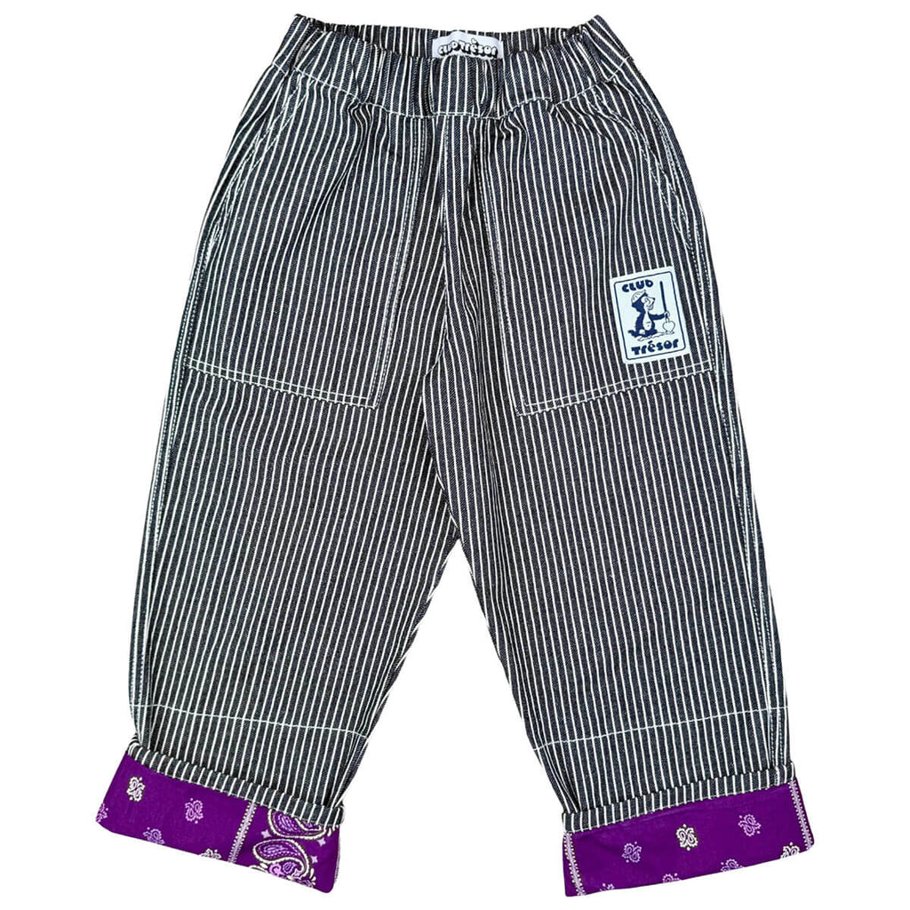 Pantalon de travail pour enfant en toile de coton recyclé, rayures noires hickory, ourlet ajustable, coupe évolutive, 1–8 ans