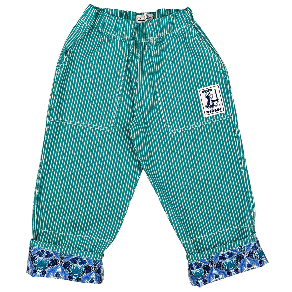 Pantalon de travail en toile de coton recyclé vert à rayures hickory, avec ourlet ajustable et coupe évolutive pour enfants de 1 à 8 ans