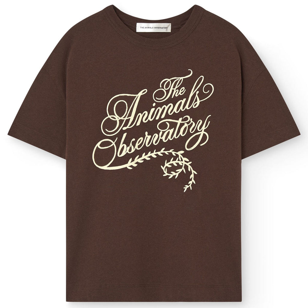T-shirt décontracté marron foncé en coton bio à motif pour enfant, avec col rond et manches courtes pour tout-petits