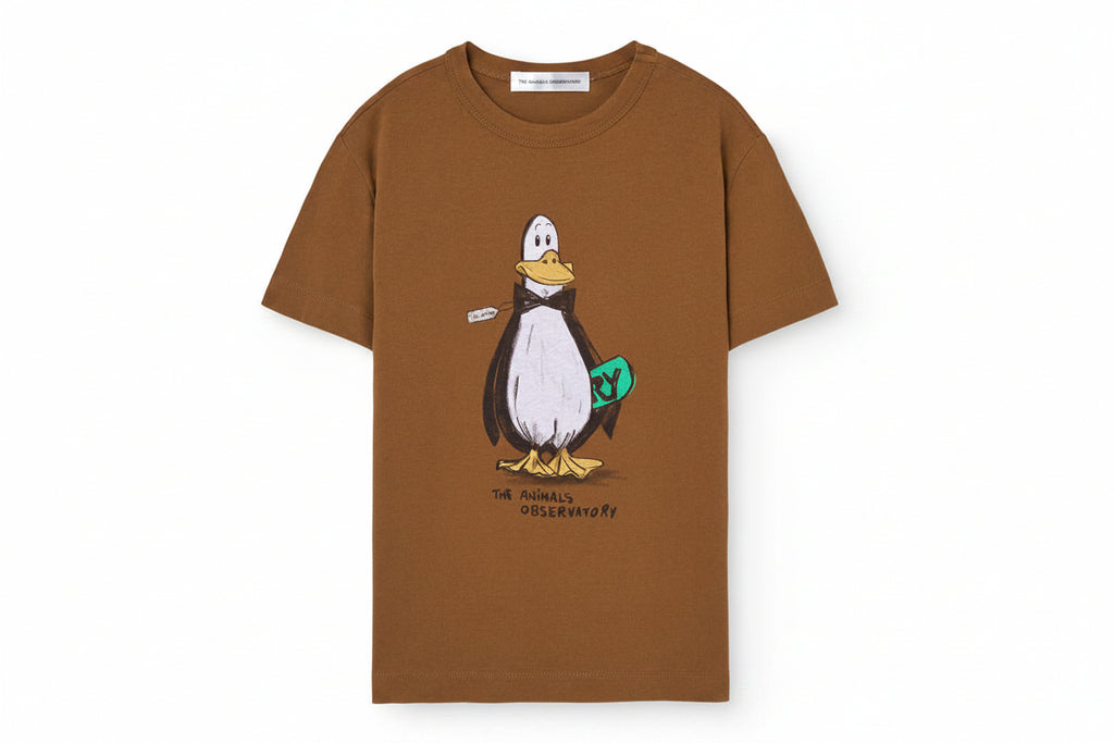 T-shirt décontracté en coton biologique marron avec motif graphique, col rond et manches courtes pour enfants en bas âge