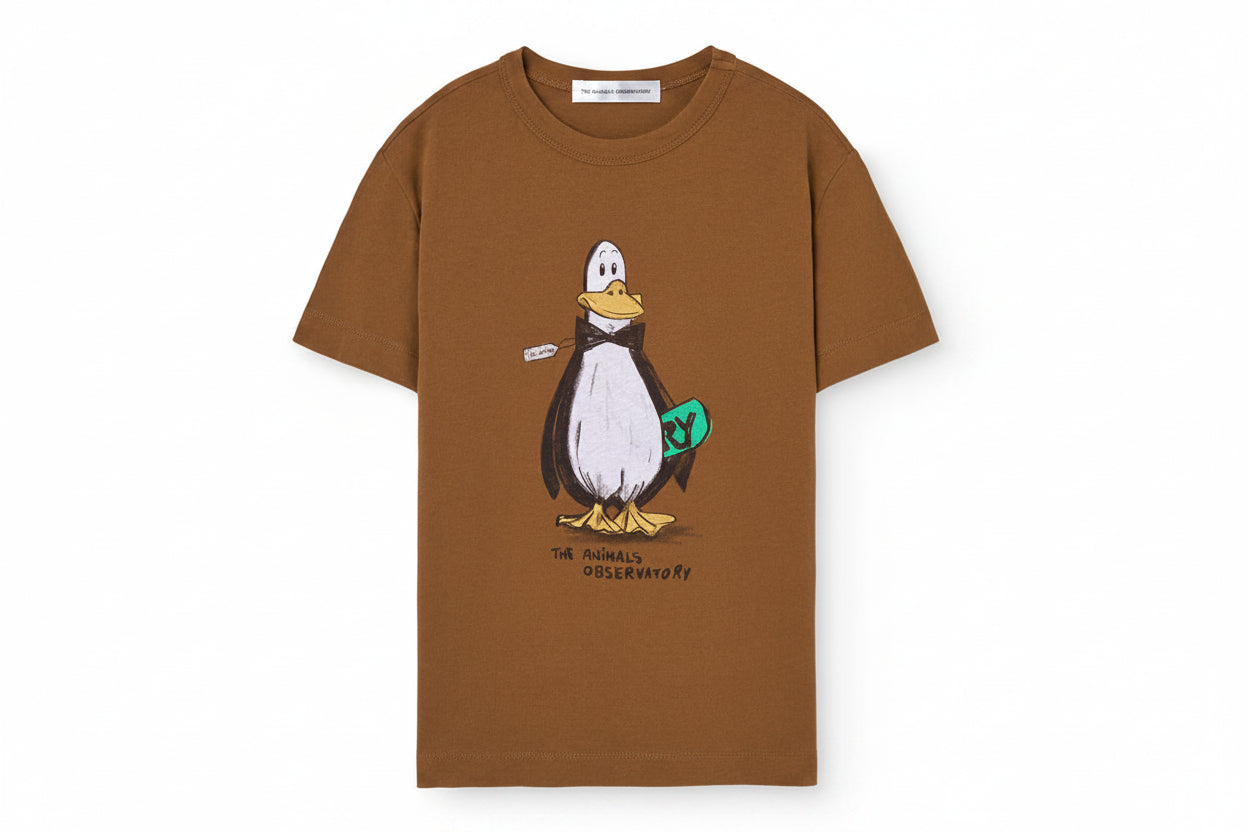 T-shirt décontracté en coton biologique marron avec motif graphique, col rond et manches courtes pour enfants en bas âge