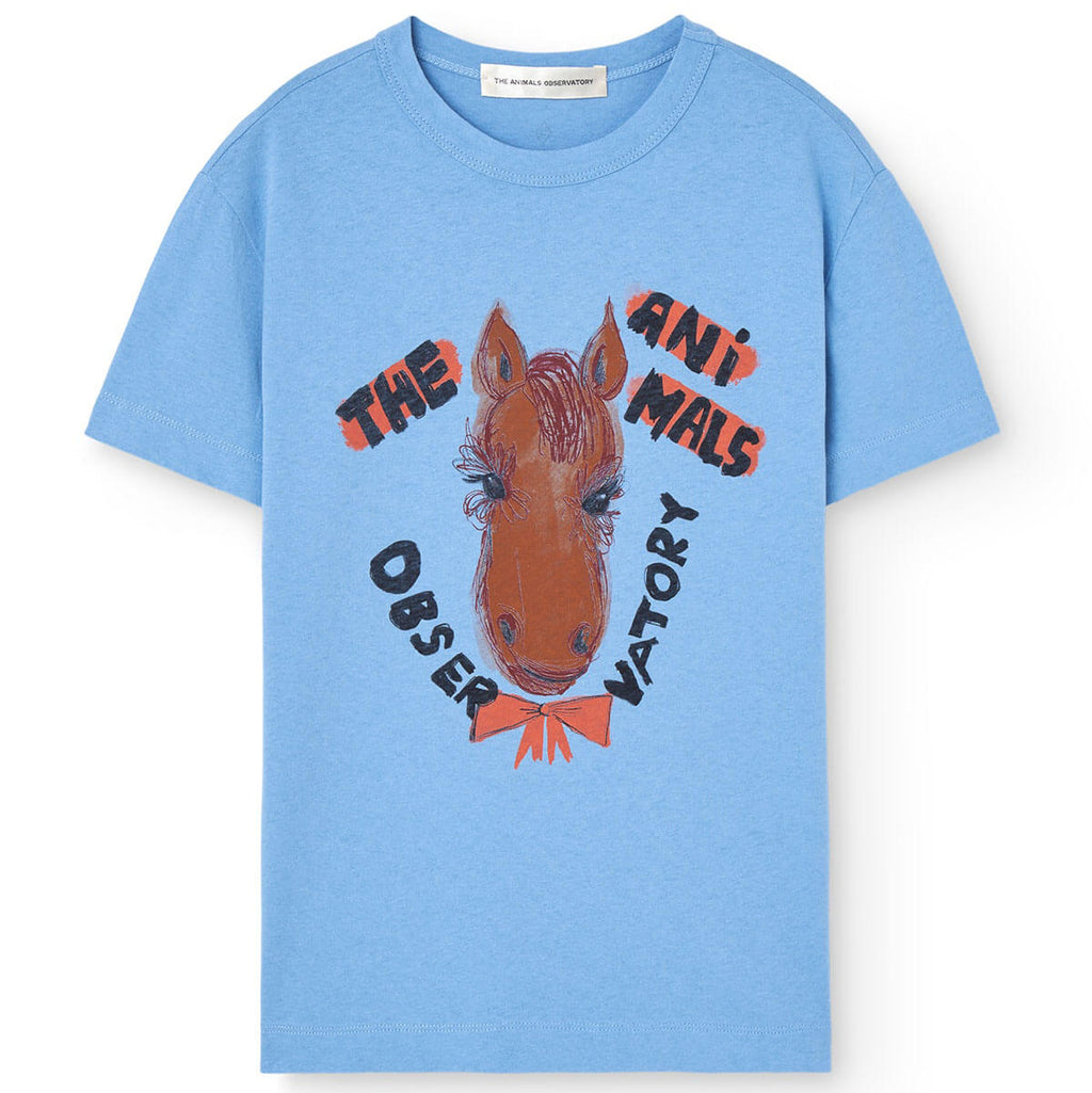 T-shirt décontracté en coton biologique bleu poussière avec motif, col rond et manches courtes pour enfants en bas âge
