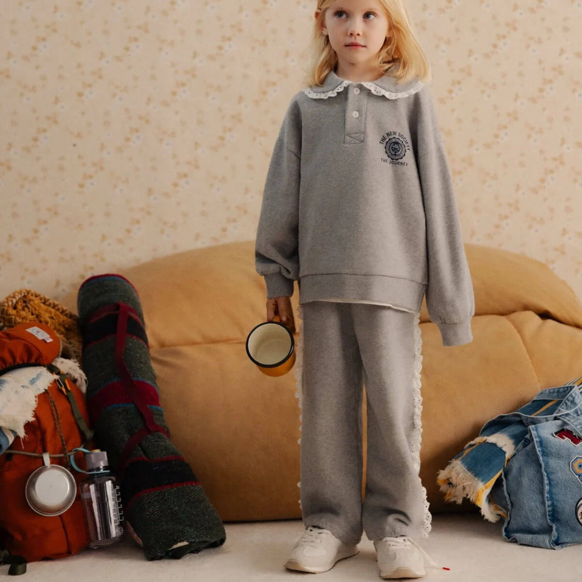 Pantalon de jogging pour enfants en coton gris moyen chiné uni, avec taille élastique et jambe fuselée, pour les 2-14 ans