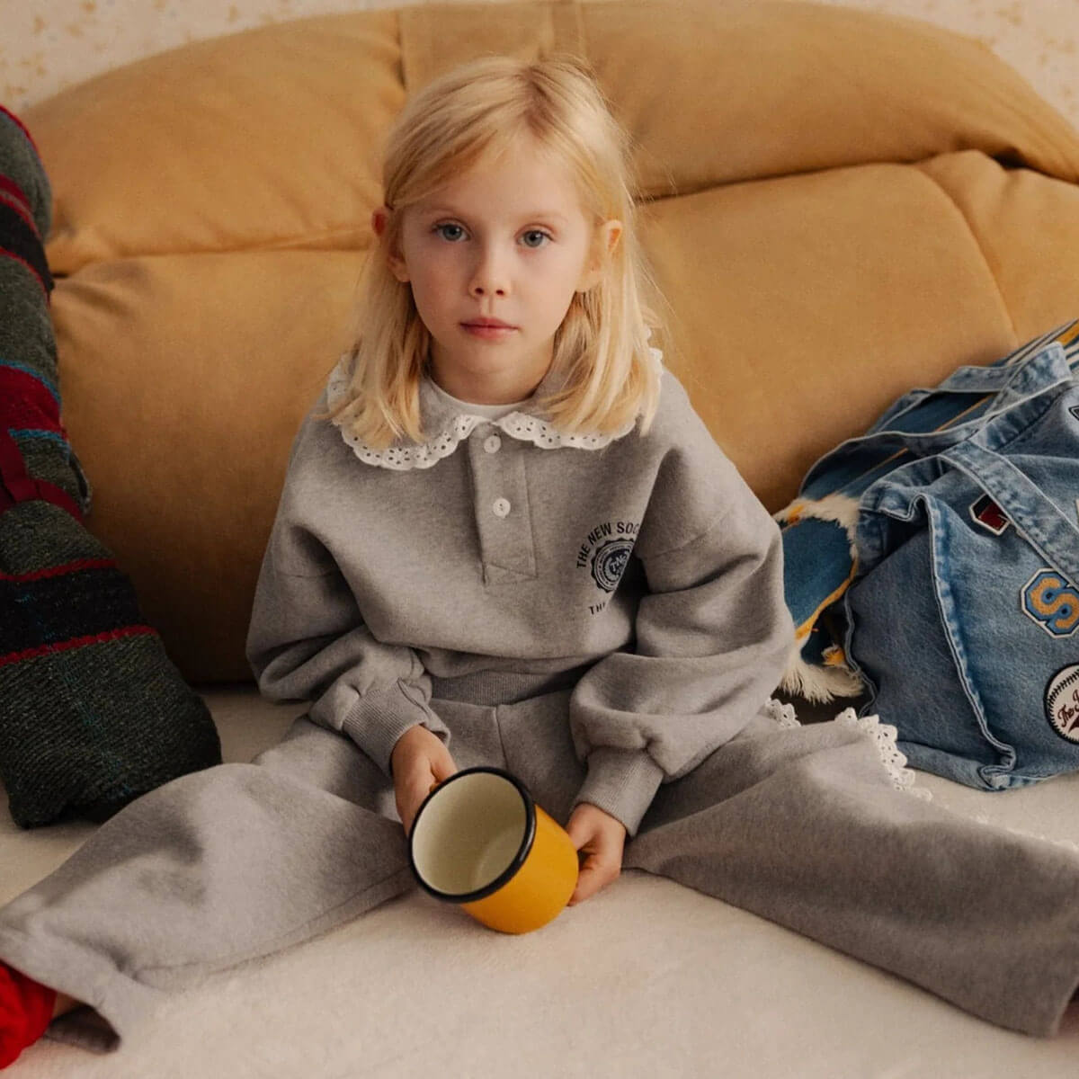 Pantalon de jogging pour enfants en coton gris moyen chiné uni, avec taille élastique et jambe fuselée, pour les 2-14 ans