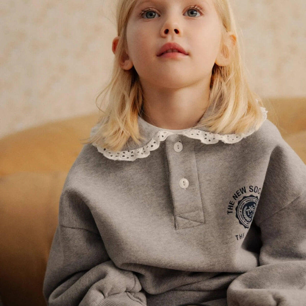 Polo-sweat-shirt décontracté en coton uni gris moyen chiné avec col côtelé pour enfants de 2 à 13 ans