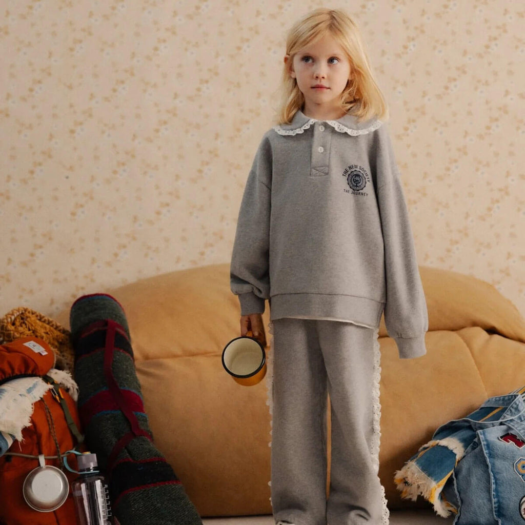 Polo-sweat-shirt décontracté en coton uni gris moyen chiné avec col côtelé pour enfants de 2 à 13 ans