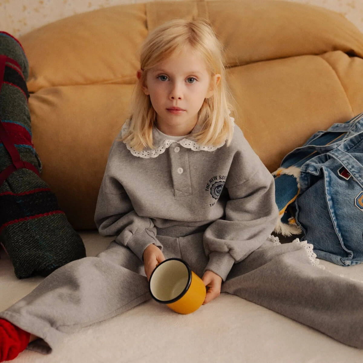 Polo-sweat-shirt décontracté en coton uni gris moyen chiné avec col côtelé pour enfants de 2 à 13 ans
