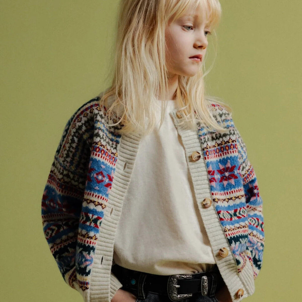 Cardigan enfant en coton jacquard multicolore bohème, avec ouverture devant et texture douillette, 2-13 ans