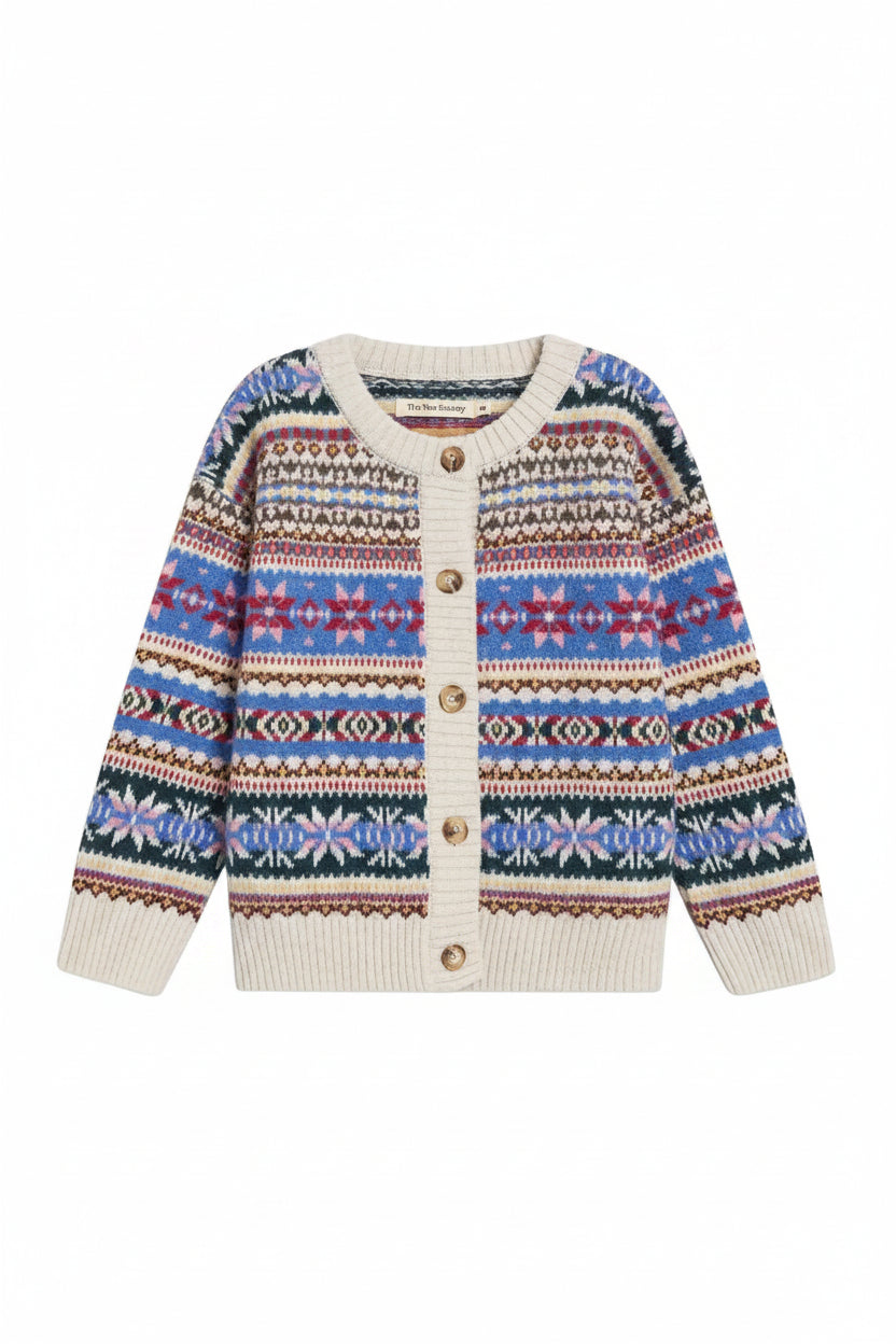 Cardigan enfant en coton jacquard multicolore bohème, avec ouverture devant et texture douillette, 2-13 ans