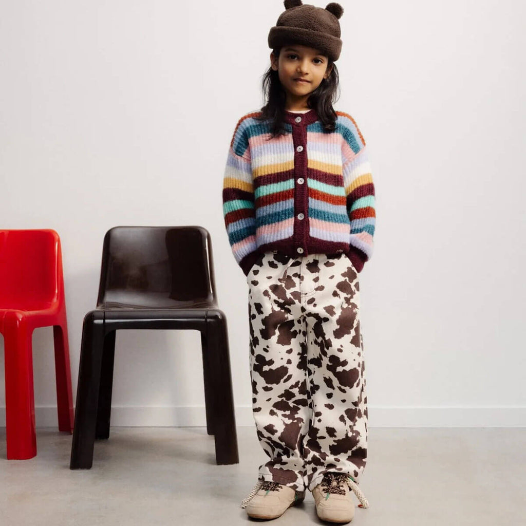 Pantalon en coton aspect jean imprimé vache avec jambes larges et motif animalier amusant pour les enfants de 2 à 13 ans
