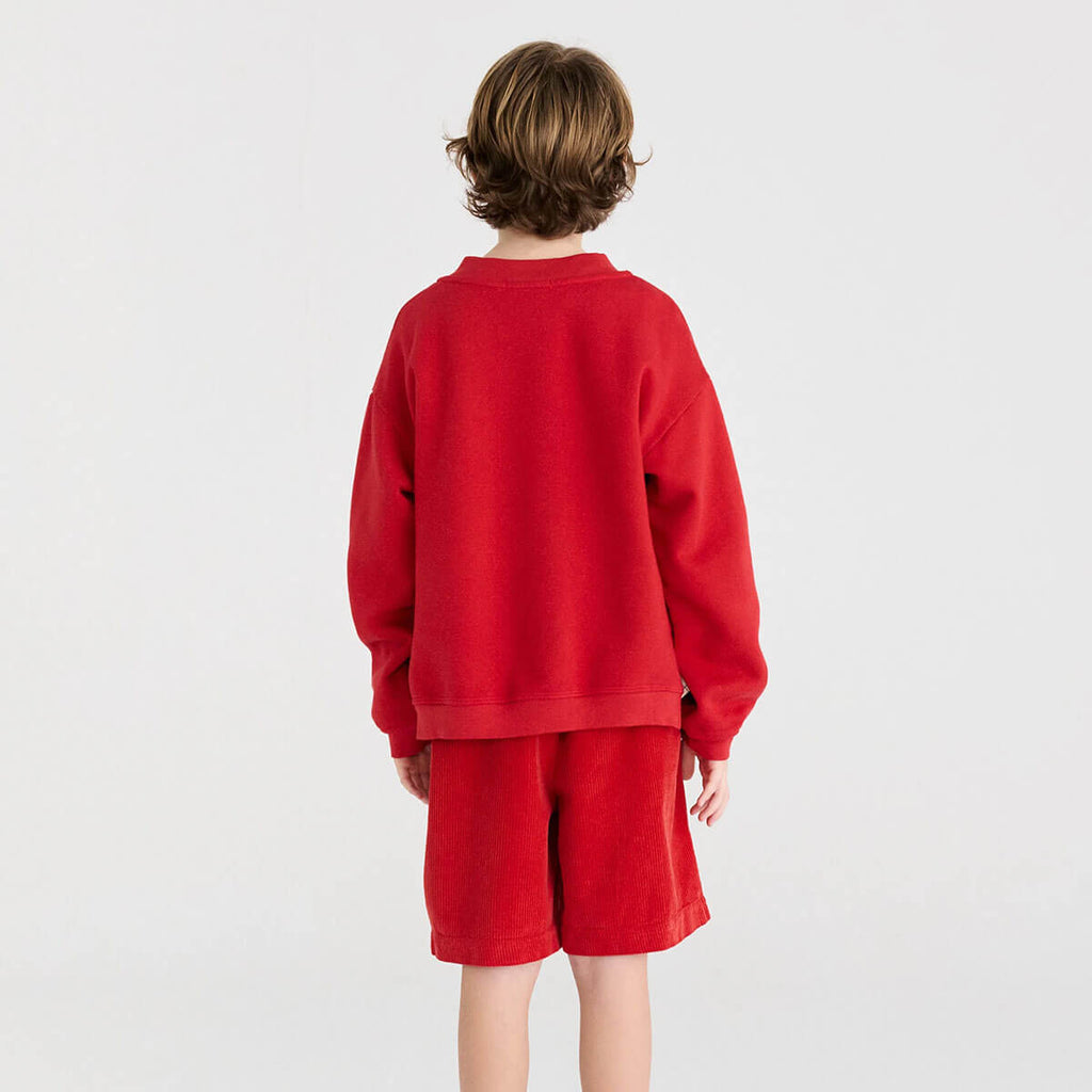Sweat-shirt décontracté en coton biologique à imprimé cercles rouges, avec épaules tombantes et ourlet côtelé pour enfants de 1 à 13 ans
