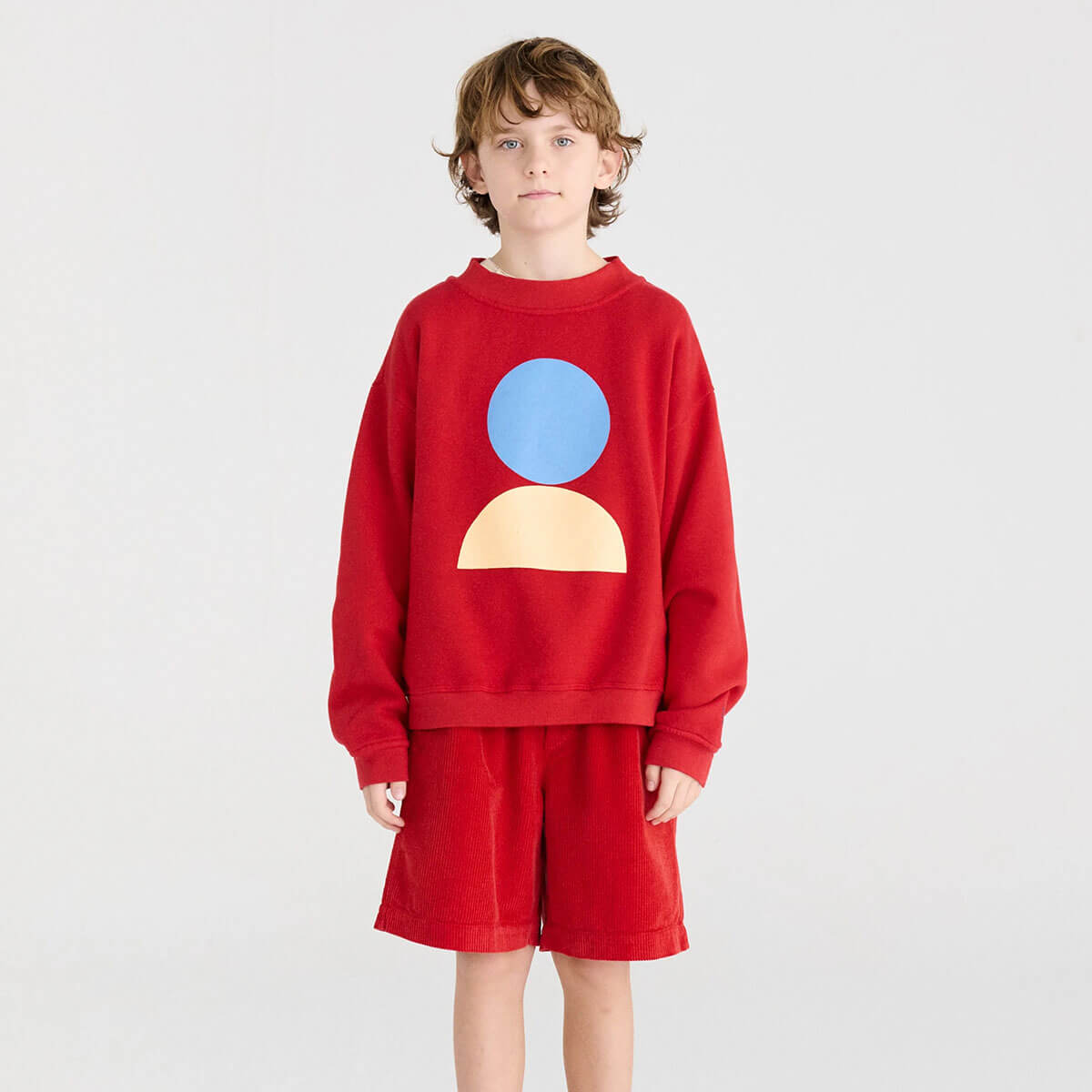 Sweat-shirt décontracté en coton biologique à imprimé cercles rouges, avec épaules tombantes et ourlet côtelé pour enfants de 1 à 13 ans