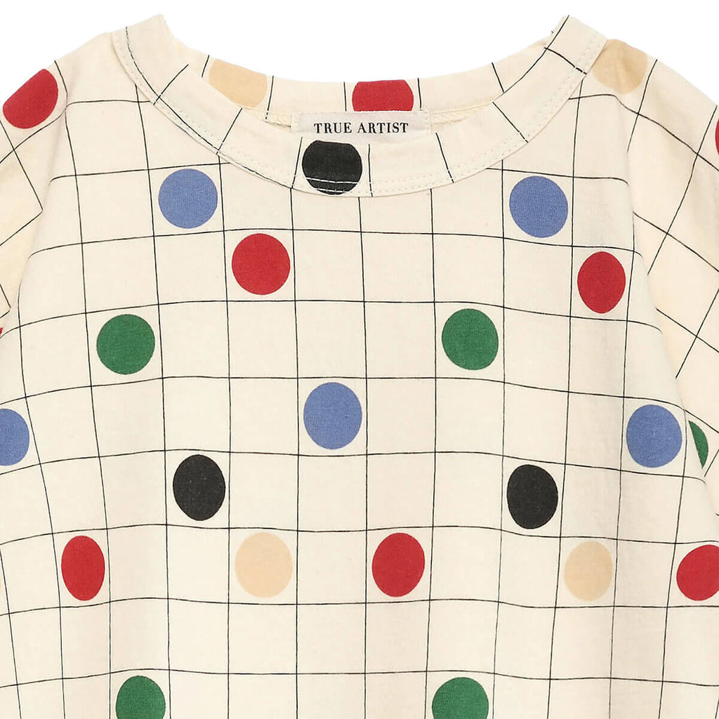 T-shirt décontracté en coton biologique à imprimé cercles blanc cassé, coupe carrée et épaules tombantes pour enfants de 1 à 13 ans