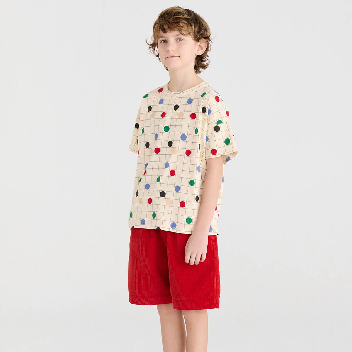 T-shirt décontracté en coton biologique à imprimé cercles blanc cassé, coupe carrée et épaules tombantes pour enfants de 1 à 13 ans