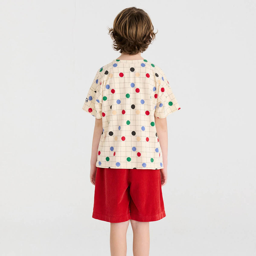 T-shirt décontracté en coton biologique à imprimé cercles blanc cassé, coupe carrée et épaules tombantes pour enfants de 1 à 13 ans