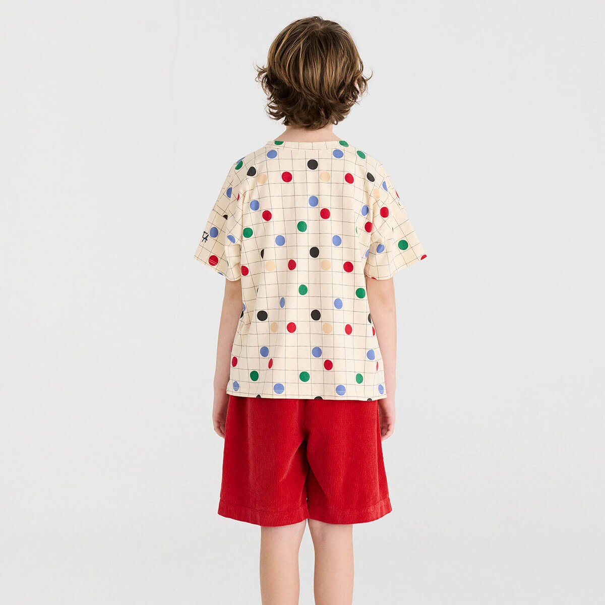 T-shirt décontracté en coton biologique à imprimé cercles blanc cassé, coupe carrée et épaules tombantes pour enfants de 1 à 13 ans