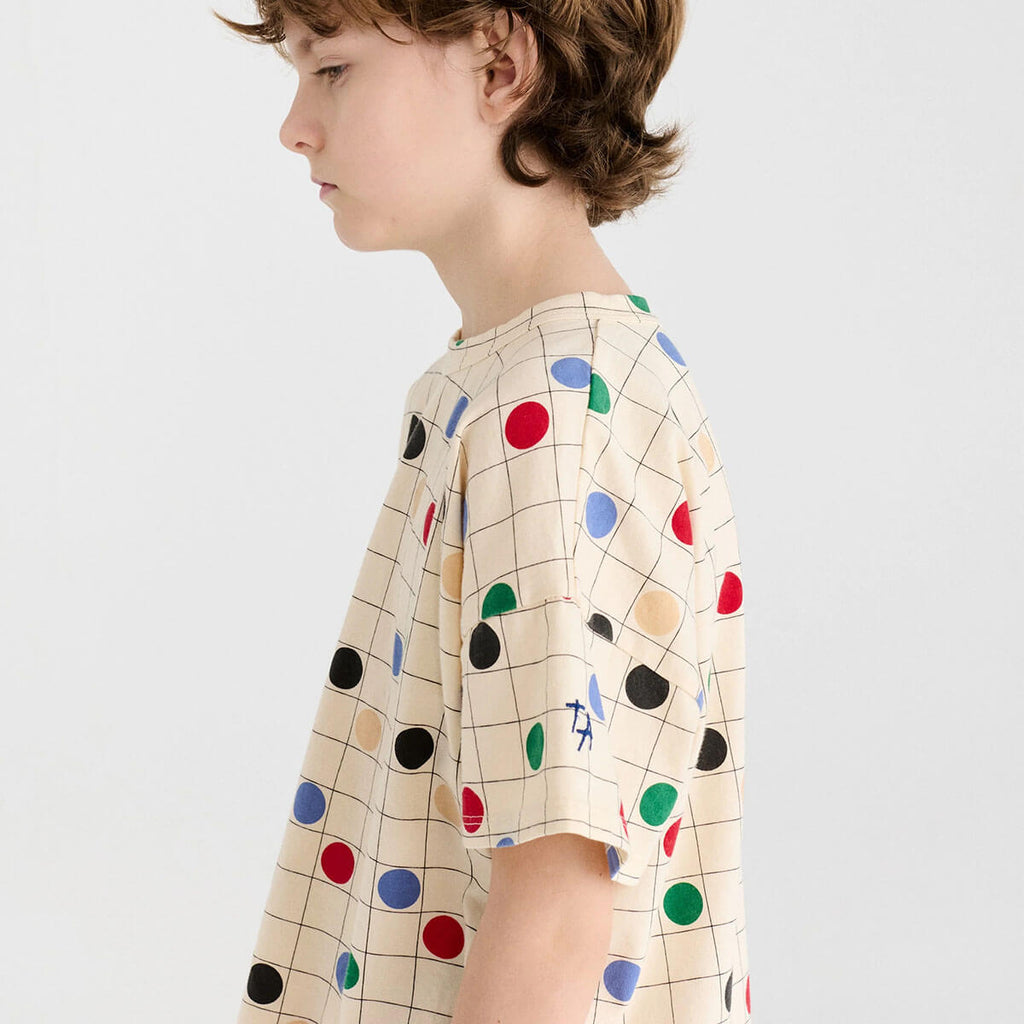 T-shirt décontracté en coton biologique à imprimé cercles blanc cassé, coupe carrée et épaules tombantes pour enfants de 1 à 13 ans