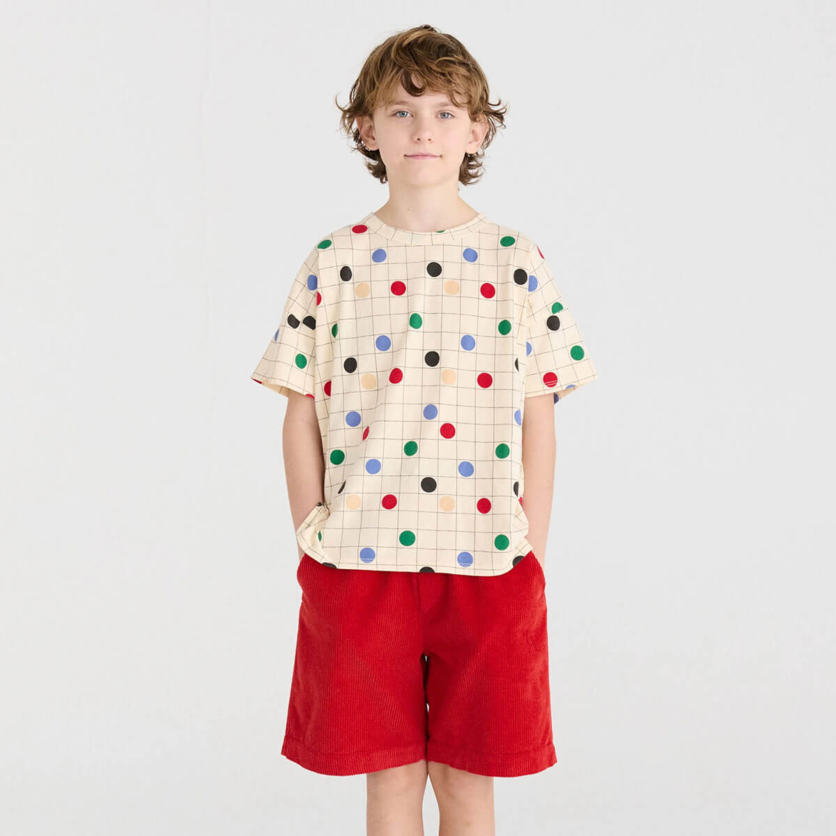 T-shirt décontracté en coton biologique à imprimé cercles blanc cassé, coupe carrée et épaules tombantes pour enfants de 1 à 13 ans