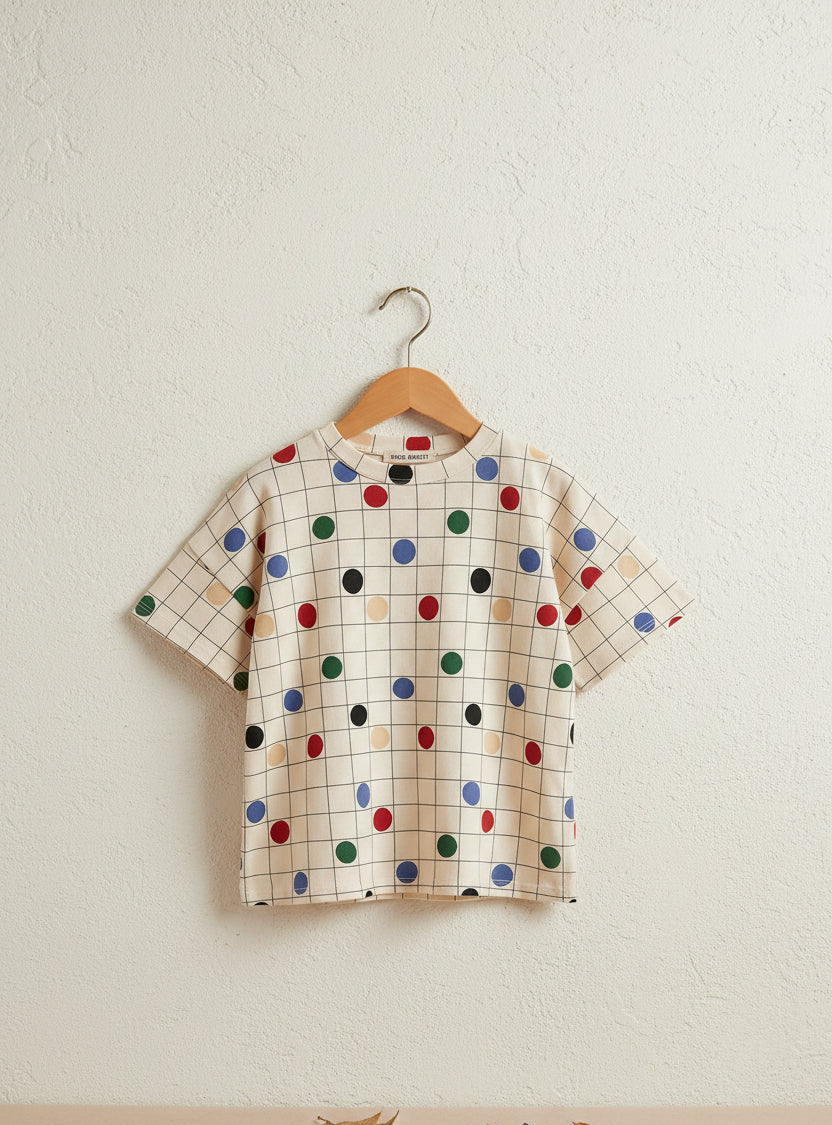 T-shirt décontracté en coton biologique à imprimé cercles blanc cassé, coupe carrée et épaules tombantes pour enfants de 1 à 13 ans