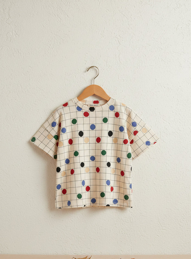 T-shirt décontracté en coton biologique à imprimé cercles blanc cassé, coupe carrée et épaules tombantes pour enfants de 1 à 13 ans