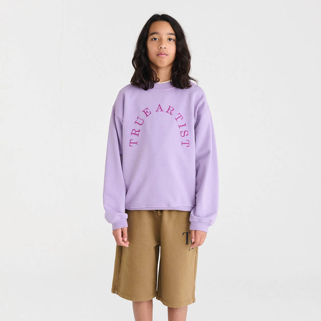 Sweat-shirt ample en coton biologique lilas lavande avec broderie contrastante et col et poignets côtelés pour enfants de 1 à 13 ans