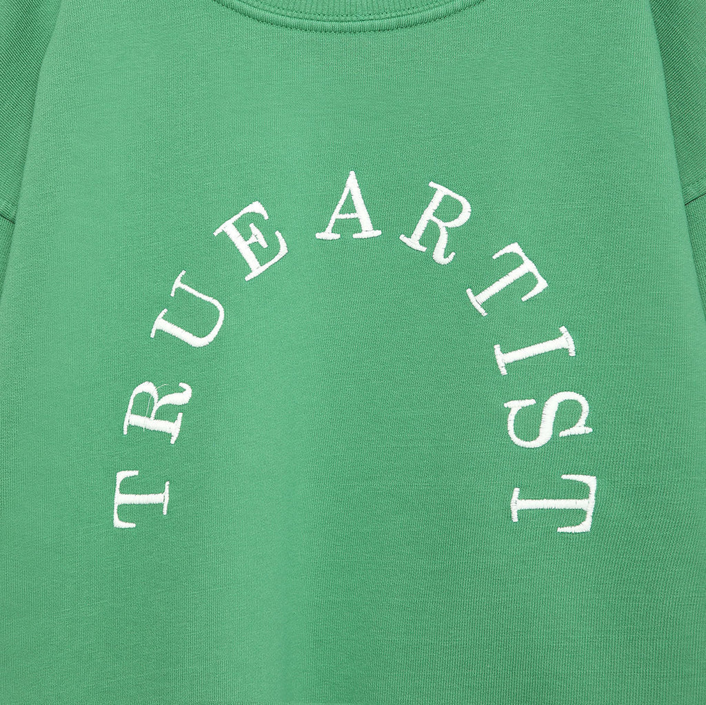 Sweat-shirt ample en coton biologique vert sapin avec broderie contrastée et bords côtes aux encolure et poignets, pour enfants de 1 à 13 ans