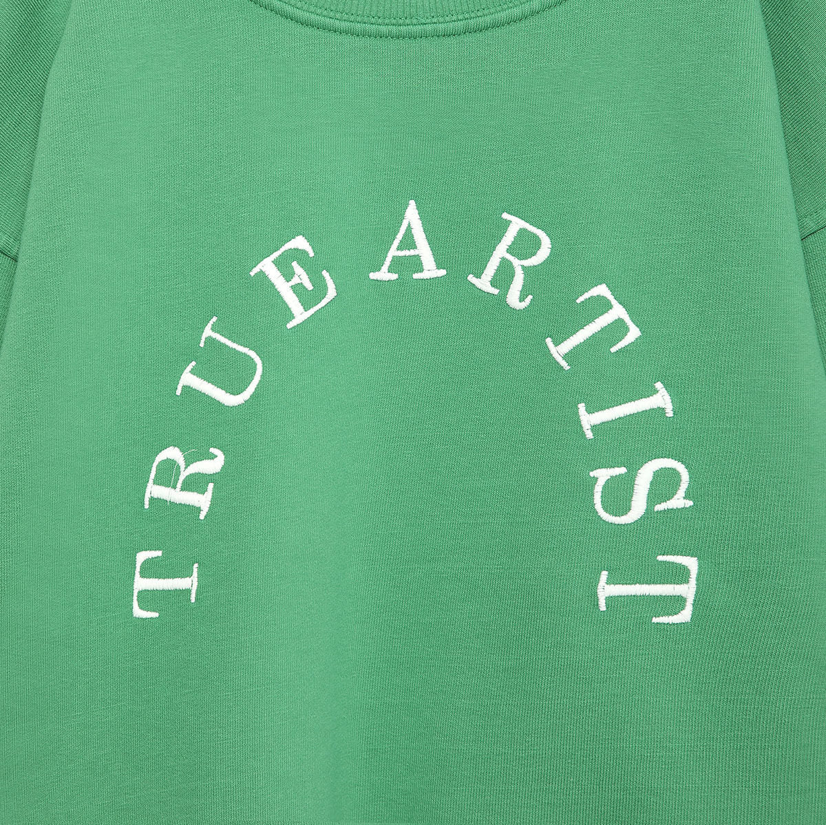Sweat-shirt ample en coton biologique vert sapin avec broderie contrastée et bords côtes aux encolure et poignets, pour enfants de 1 à 13 ans