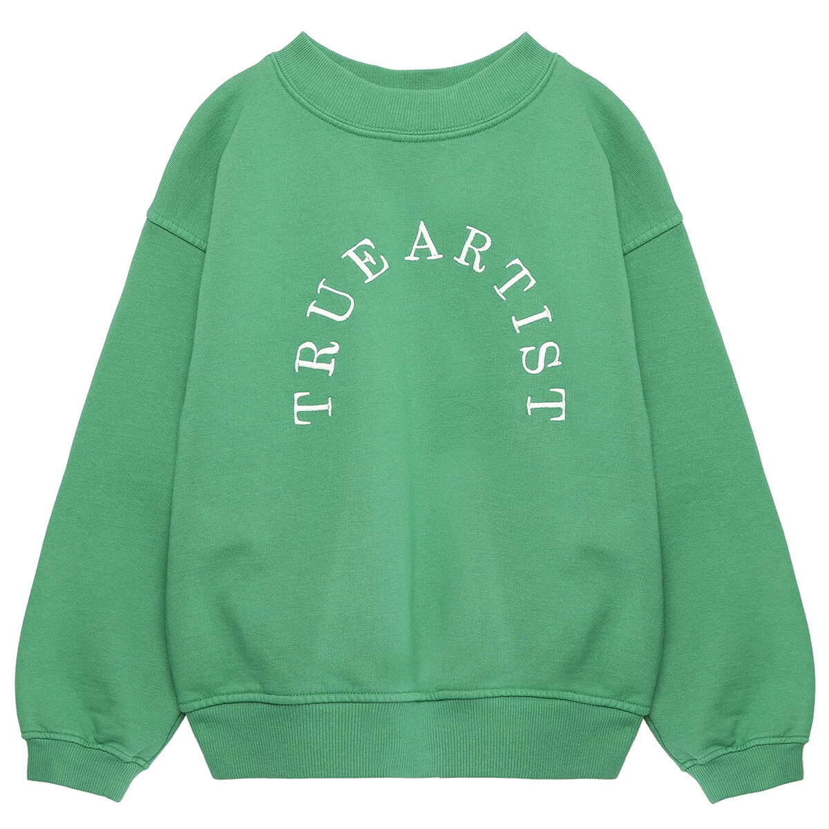 Sweat-shirt ample en coton biologique vert sapin avec broderie contrastée et bords côtes aux encolure et poignets, pour enfants de 1 à 13 ans