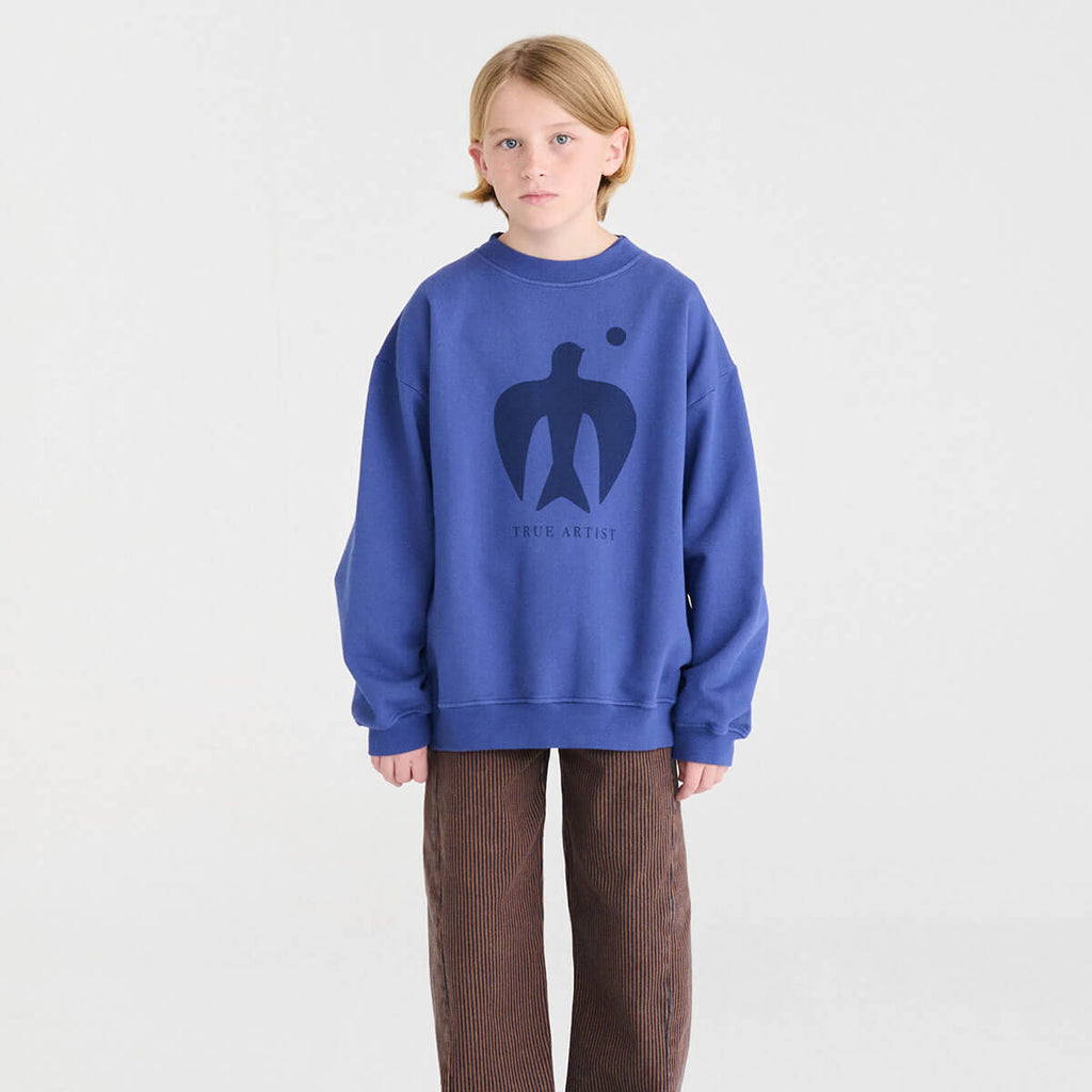 Sweat-shirt décontracté en coton biologique bleu Skipper à imprimé graphique avec épaules tombantes pour enfant de 1 à 13 ans