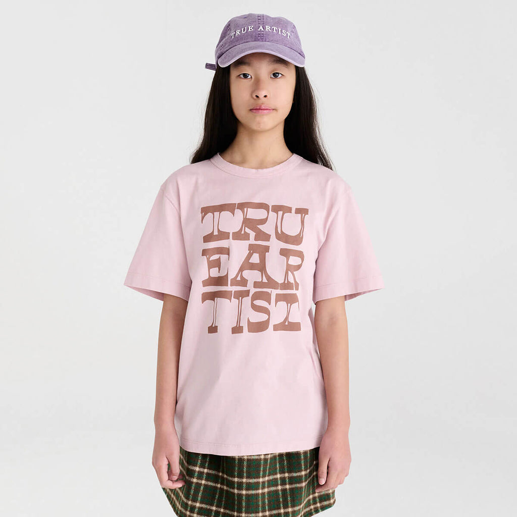 T-shirt décontracté en coton biologique couleur lilas clair à imprimé graphique, coupe droite et épaules tombantes, pour enfants de 1 à 13 ans
