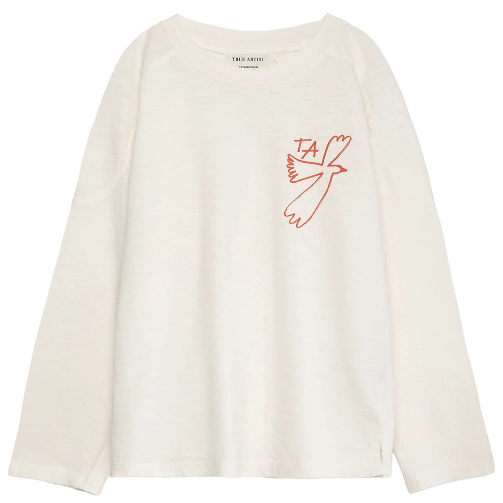 T-shirt décontracté en coton biologique blanc cassé à imprimé graphique avec col rond et épaules tombantes pour enfants de 1 à 13 ans