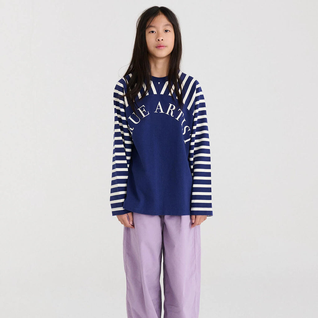 T-shirt ample Skipper bleu en coton biologique imprimé avec col rond et épaules tombantes pour enfants de 1 à 13 ans