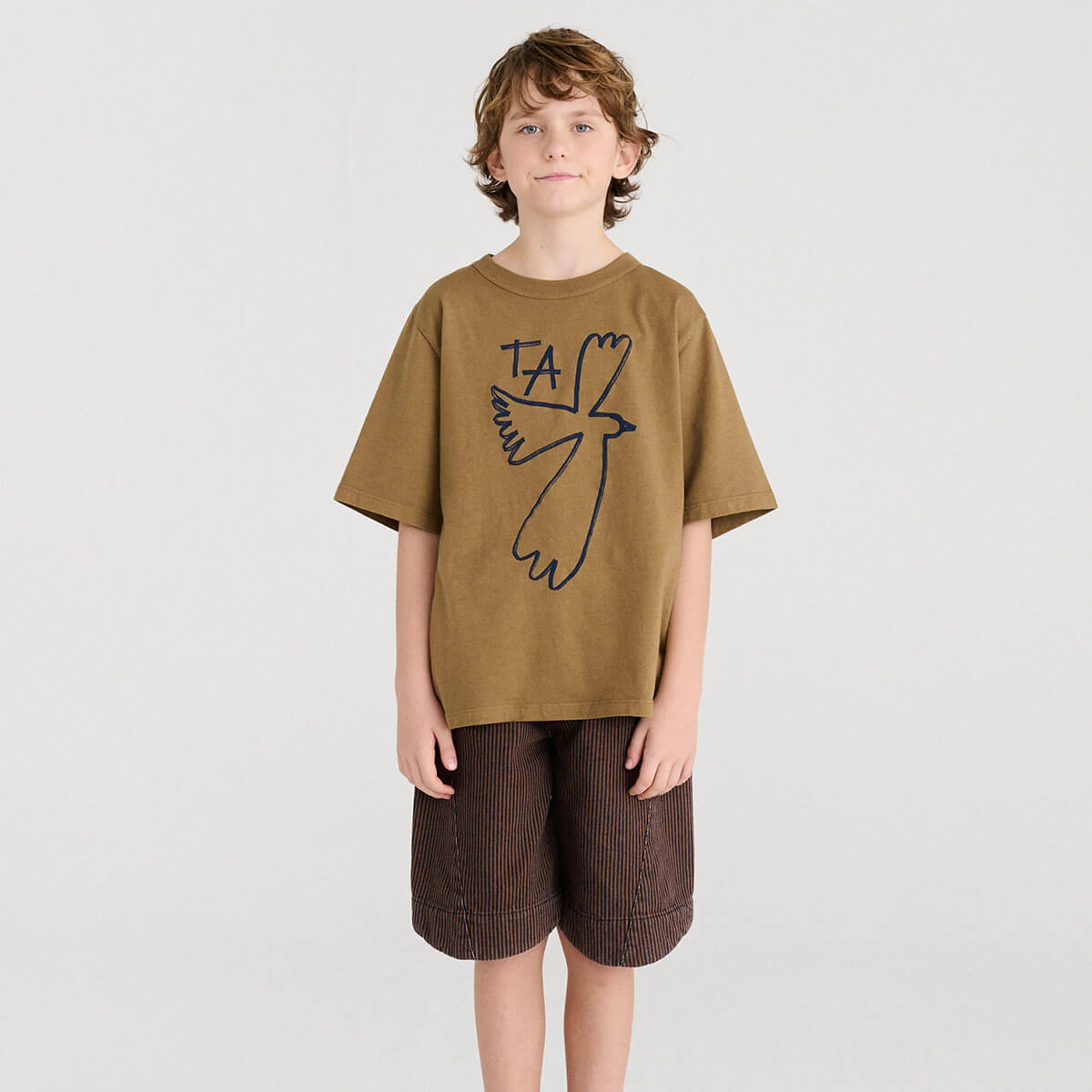 T-shirt ample en coton biologique brun Loutre, avec impression numérotée, coupe carrée et manches courtes, pour enfants de 1 à 13 ans