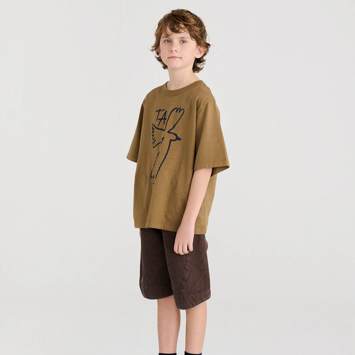 T-shirt ample en coton biologique brun Loutre, avec impression numérotée, coupe carrée et manches courtes, pour enfants de 1 à 13 ans