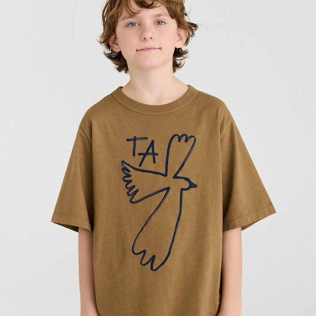 T-shirt ample en coton biologique brun Loutre, avec impression numérotée, coupe carrée et manches courtes, pour enfants de 1 à 13 ans