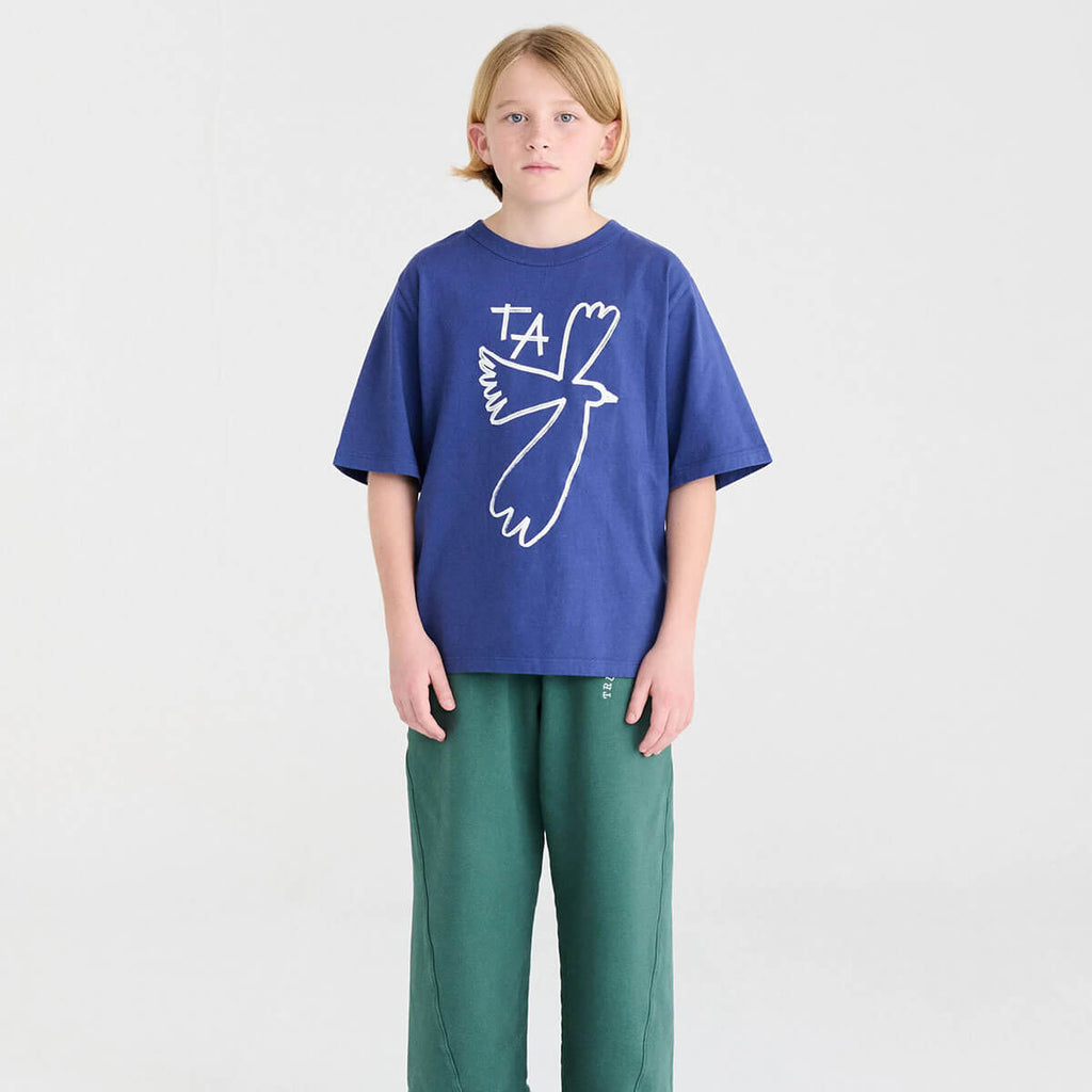 T-shirt enfant Skipper décontracté bleu en coton biologique imprimé numéros, coupe carrée et manches courtes, 1-13 ans