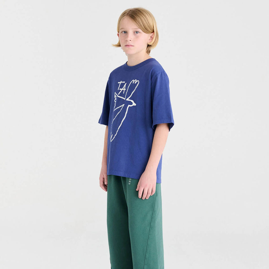 T-shirt enfant Skipper décontracté bleu en coton biologique imprimé numéros, coupe carrée et manches courtes, 1-13 ans