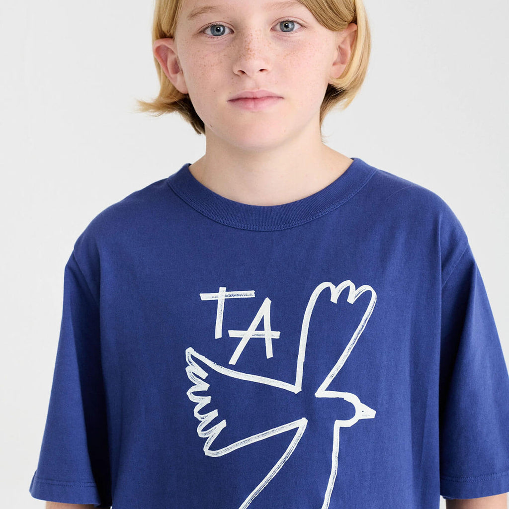 T-shirt enfant Skipper décontracté bleu en coton biologique imprimé numéros, coupe carrée et manches courtes, 1-13 ans