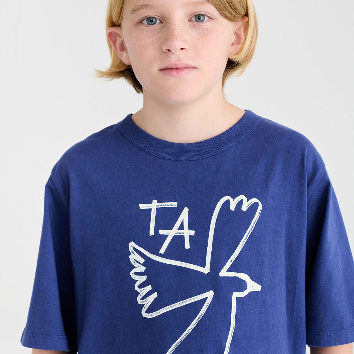 T-shirt enfant Skipper décontracté bleu en coton biologique imprimé numéros, coupe carrée et manches courtes, 1-13 ans