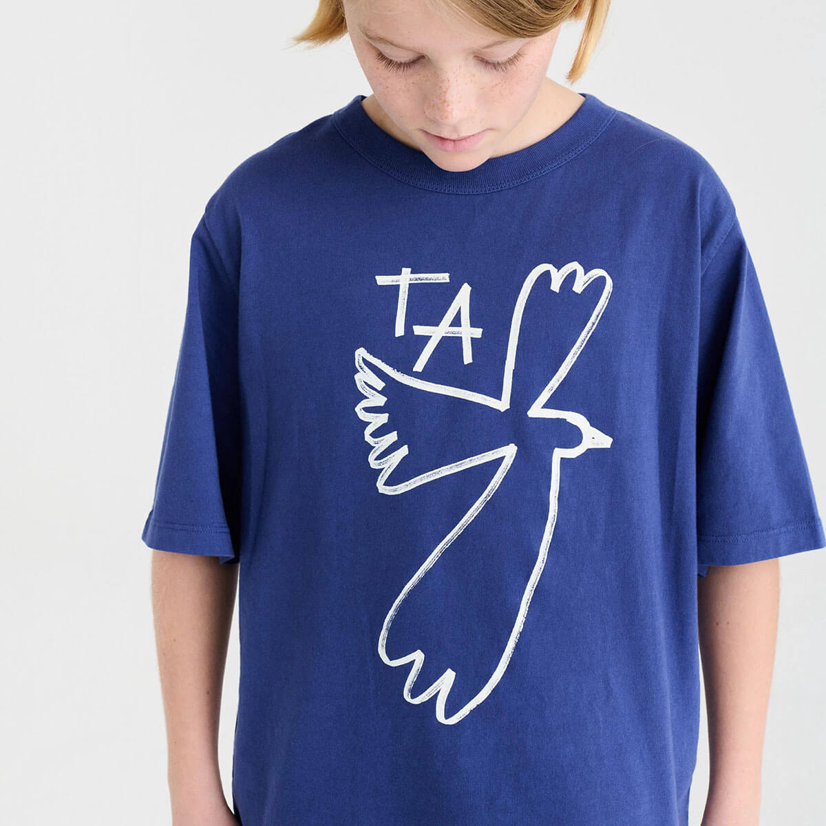 T-shirt enfant Skipper décontracté bleu en coton biologique imprimé numéros, coupe carrée et manches courtes, 1-13 ans