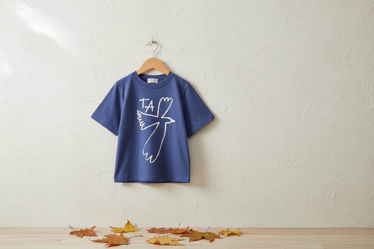 T-shirt enfant Skipper décontracté bleu en coton biologique imprimé numéros, coupe carrée et manches courtes, 1-13 ans