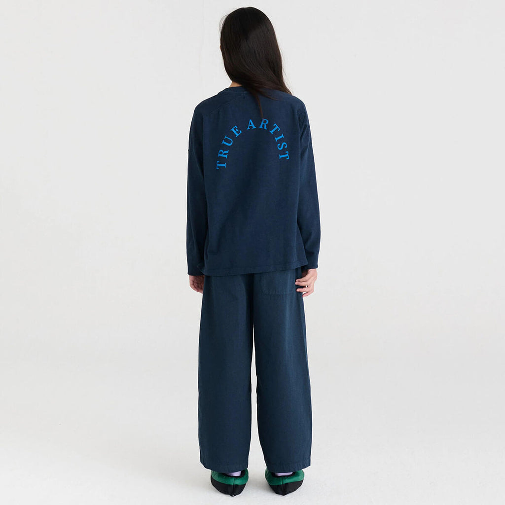 Pantalon décontracté bleu nuit en coton bio, coupe droite avec taille élastique pour enfants de 1 à 13 ans